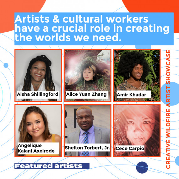 A poster that displays pictures of the artists in rectangular boxes. It reads Artists and cultural workers have a crucial role in creating the worlds we need.