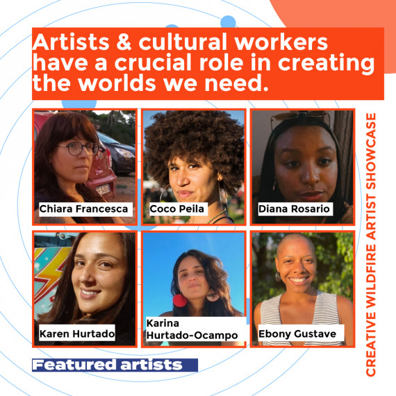 A poster that displays pictures of the artists in rectangular boxes. It reads Artists and cultural workers have a crucial role in creating the worlds we need.